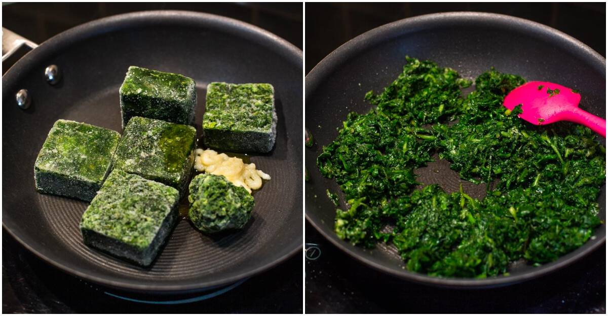 Collage showing blocks of frozen spinach cooking in a frying pan with garlic puree.