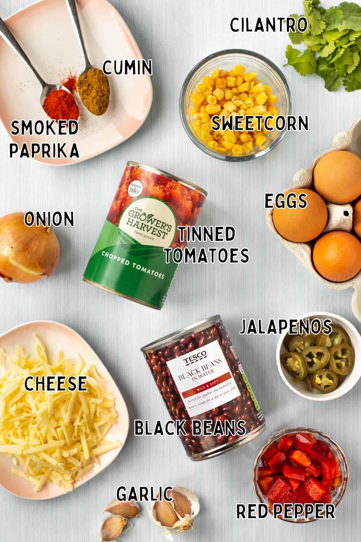 Ingredients for Mexican baked eggs with text overlay.