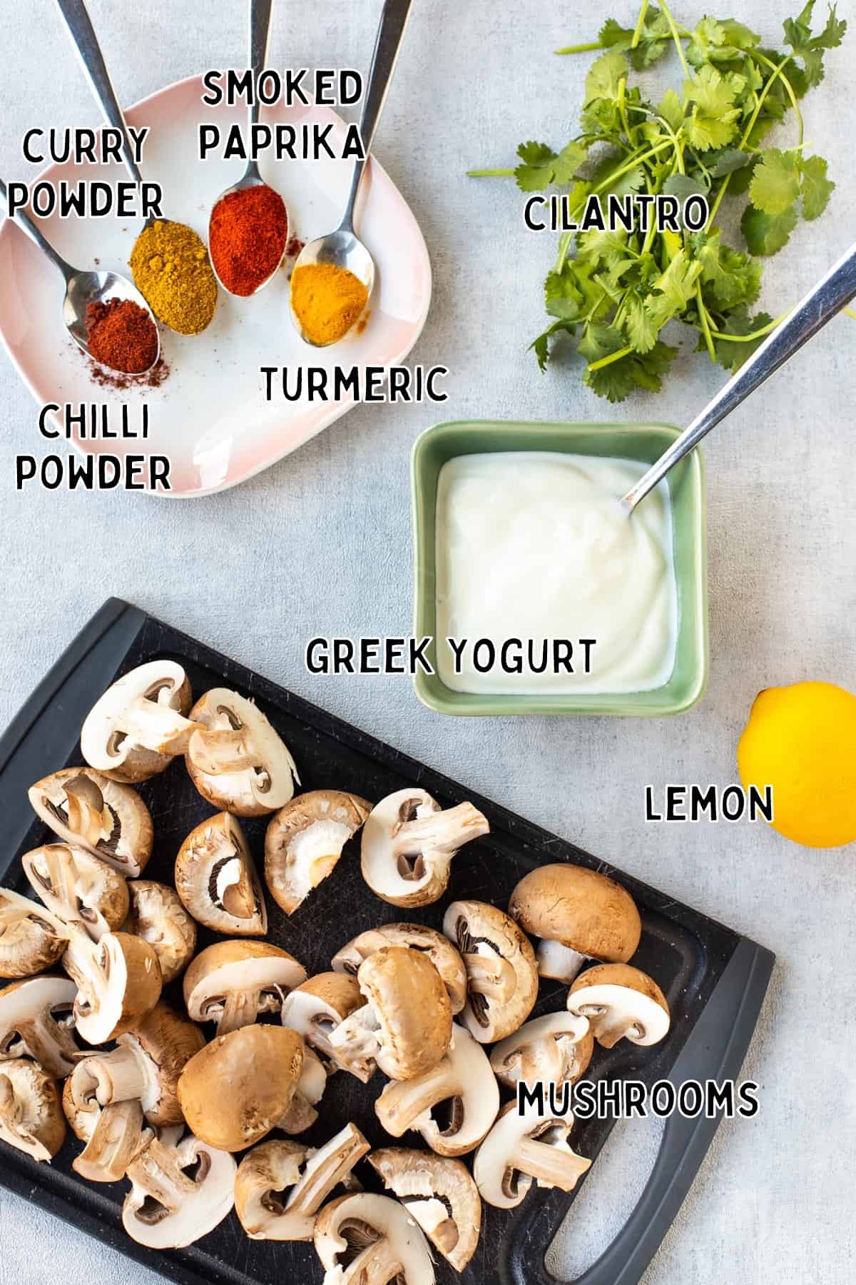 Ingredients for mushroom tikka with text overlay.