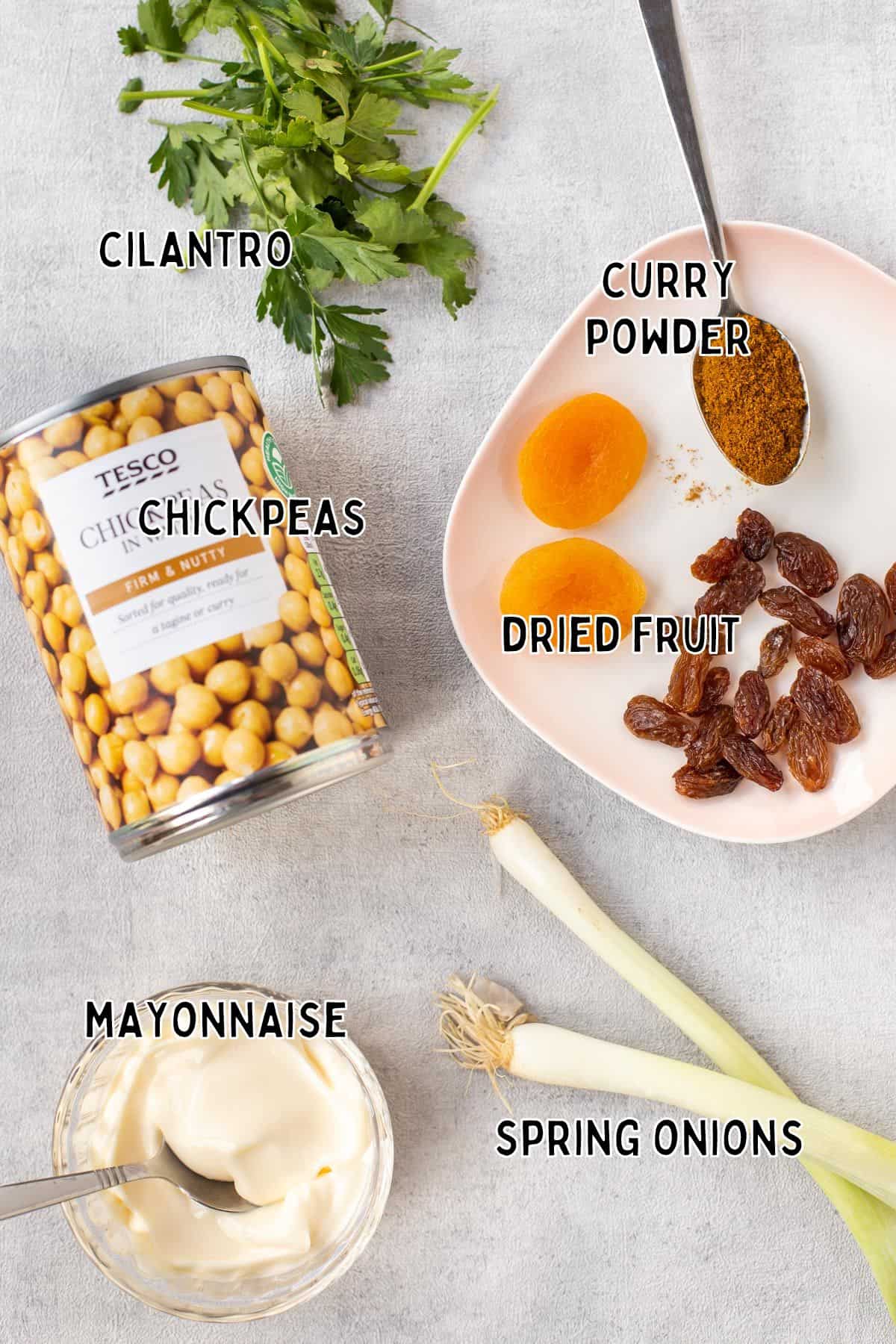Ingredients for coronation chickpeas with text overlay.