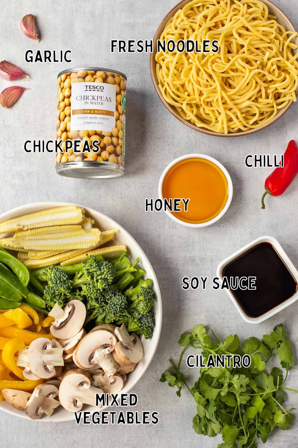 Ingredients for chickpea stir fry with text overlay.