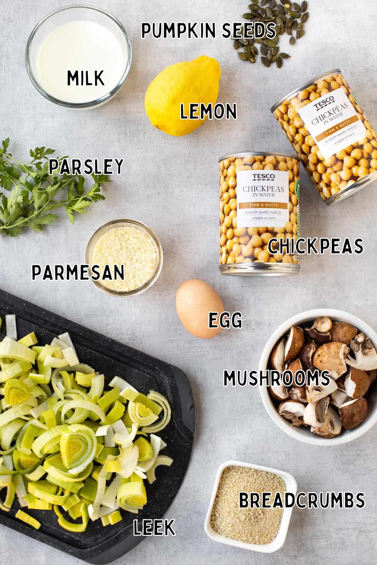 Ingredients for lemony chickpea casserole with text overlay.