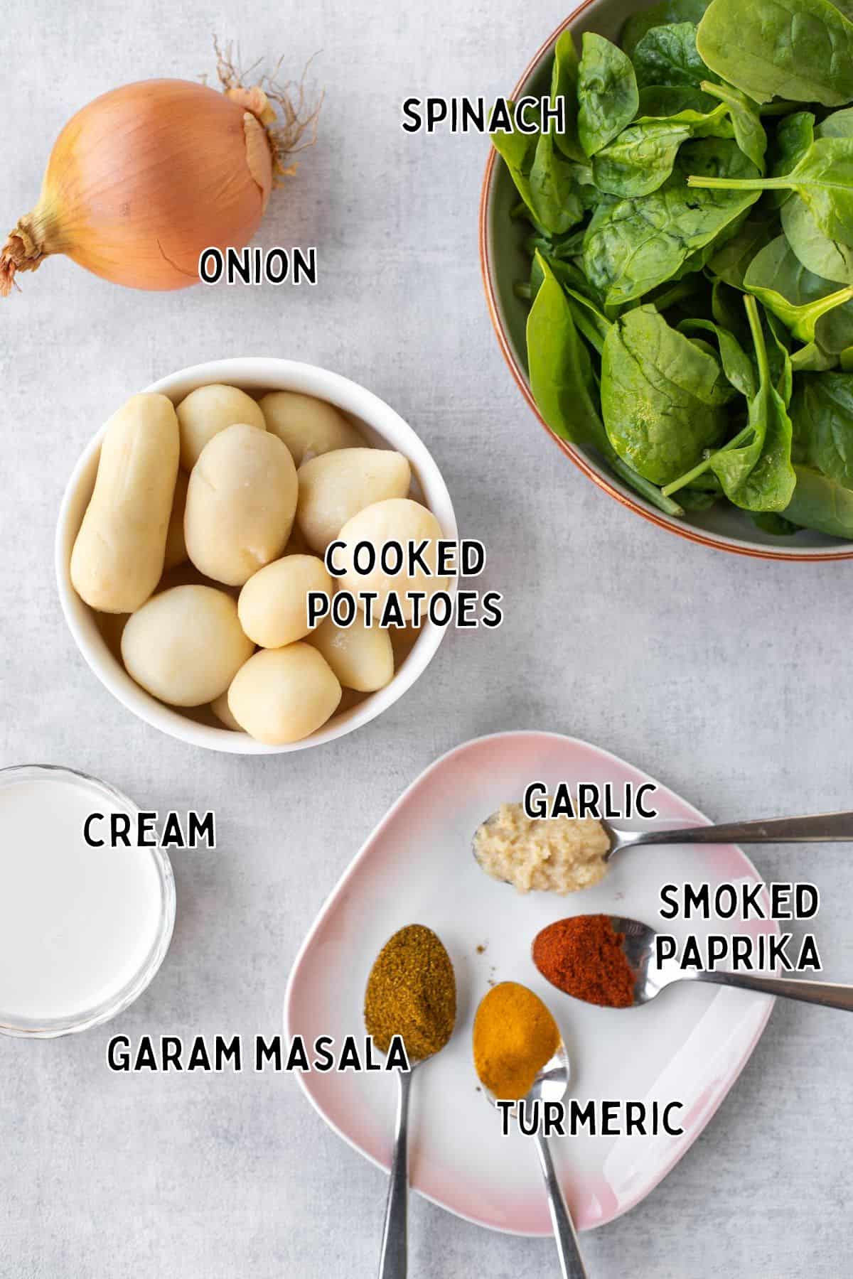 Ingredients for quick saag aloo with text overlay.