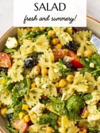 Chickpea pasta salad pin with text overlay.