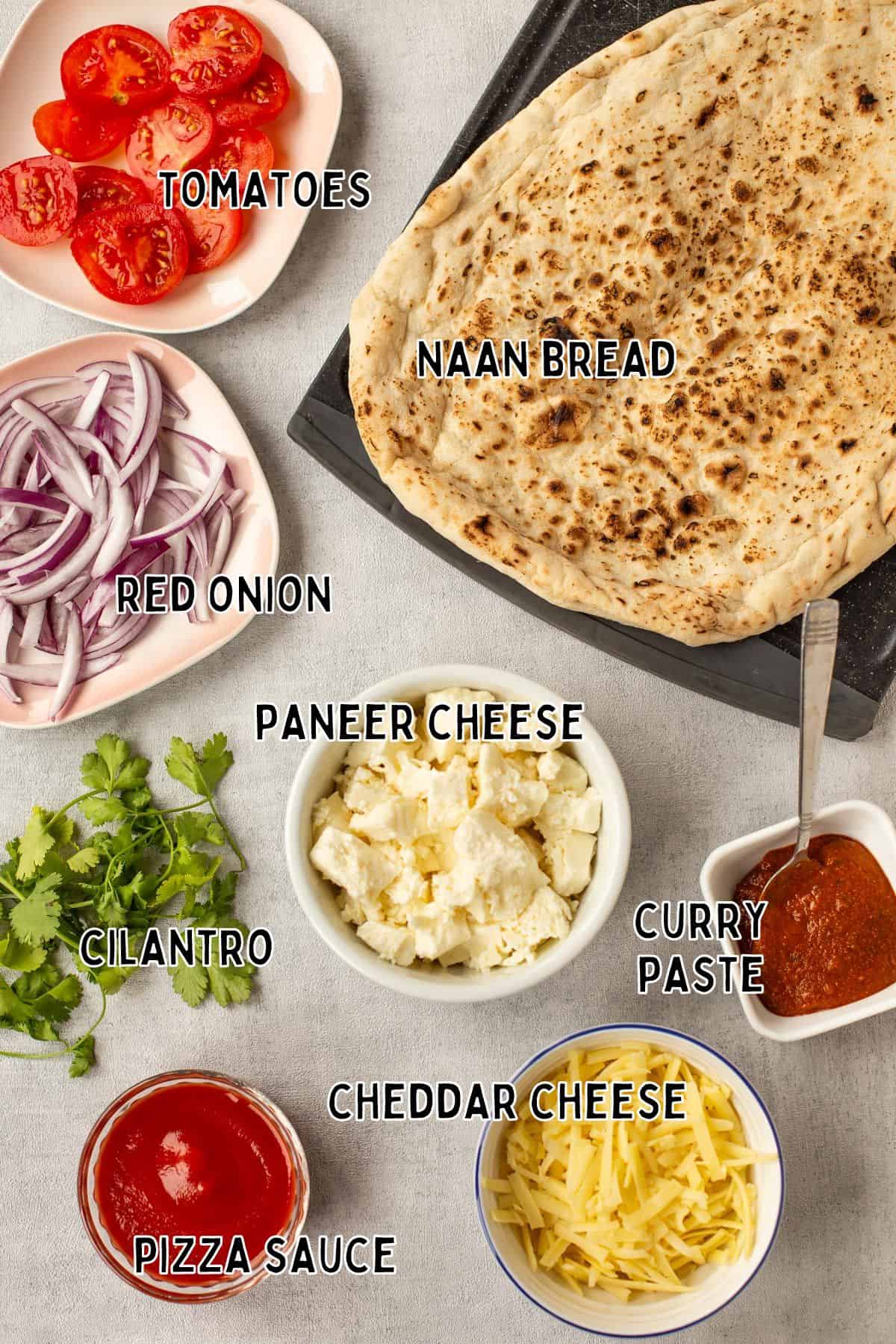 Ingredients for Indian pizza with text overlay.