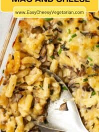 Garlic mushroom mac and cheese pin with text overlay.