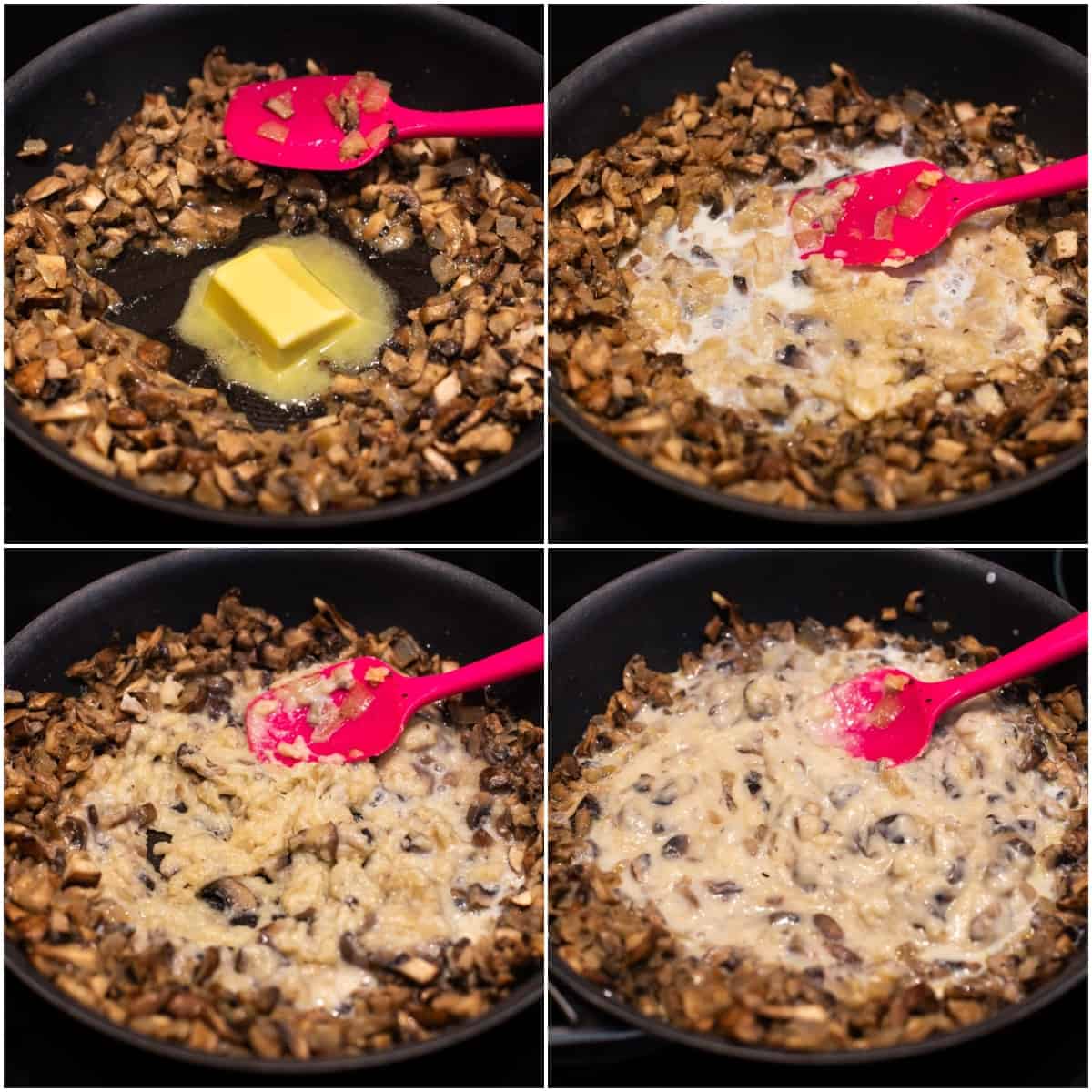 Collage showing a white sauce being made with garlic mushrooms.