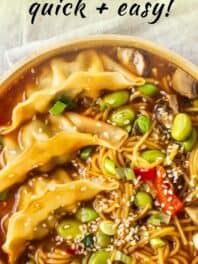 Vegetarian gyoza soup with text overlay.