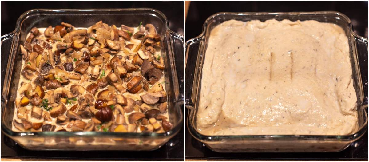 Creamy mushroom pie in a baking dish with and without the crust.