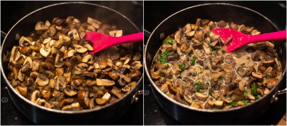 Collage showing mushrooms and cream being cooked in a deep frying pan.