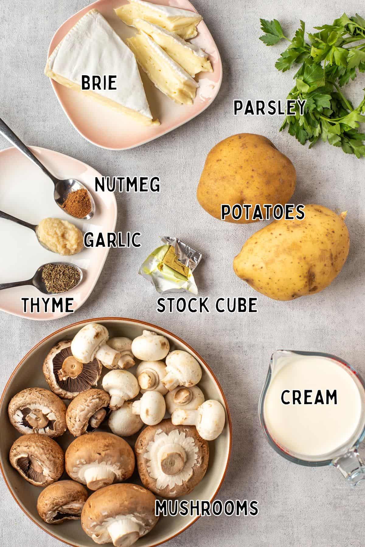 Ingredients for mushroom and potato gratin with text overlay.
