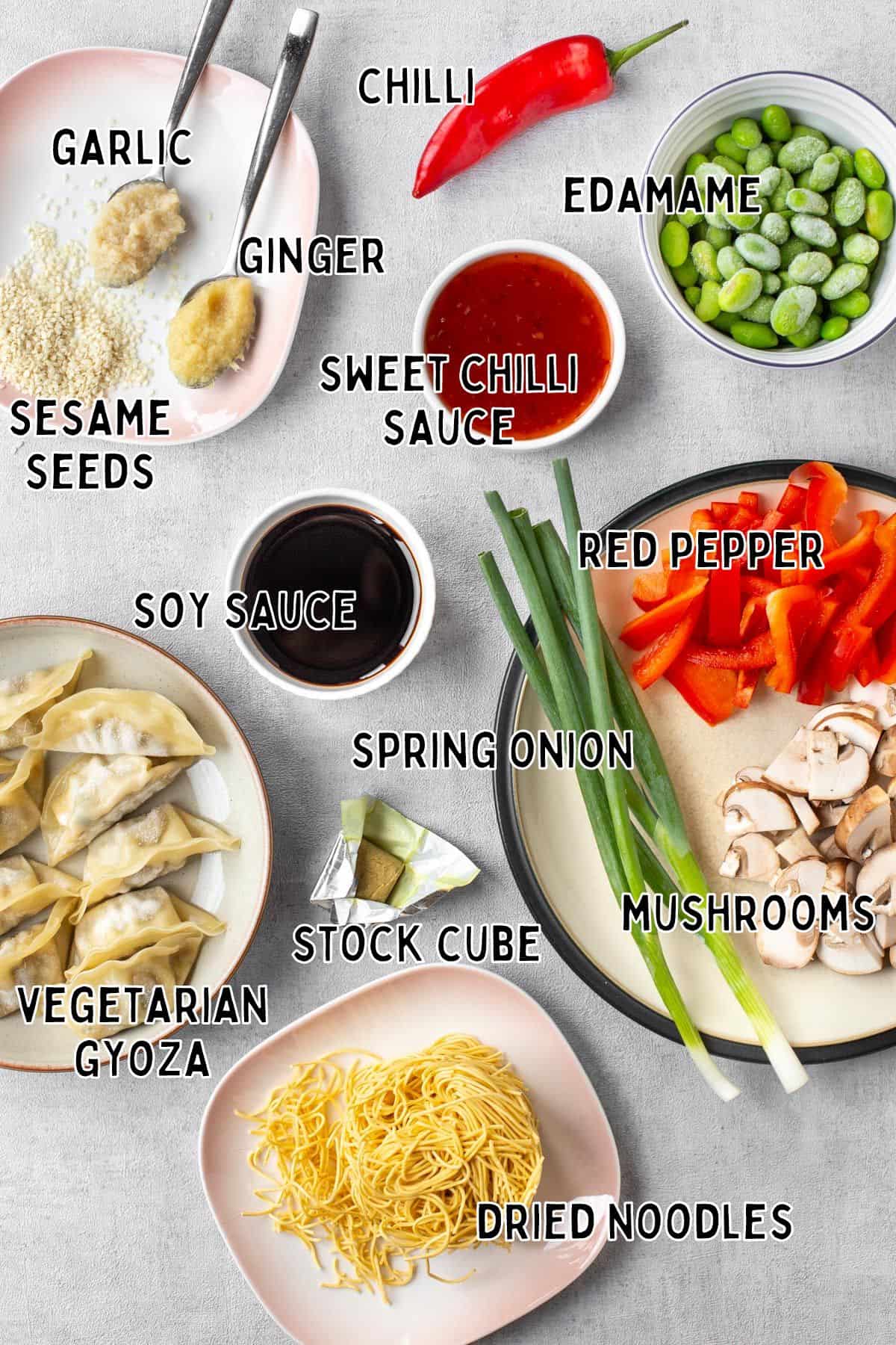 Ingredients for vegetarian gyoza soup with text overlay.