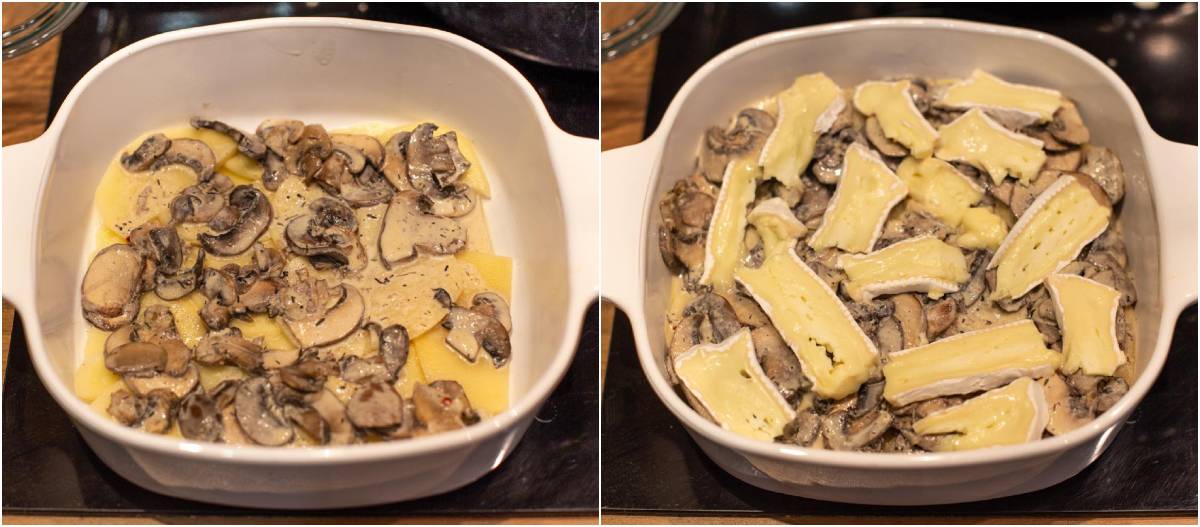Collage showing sliced potatoes, garlic mushrooms and brie being layered in a baking dish.