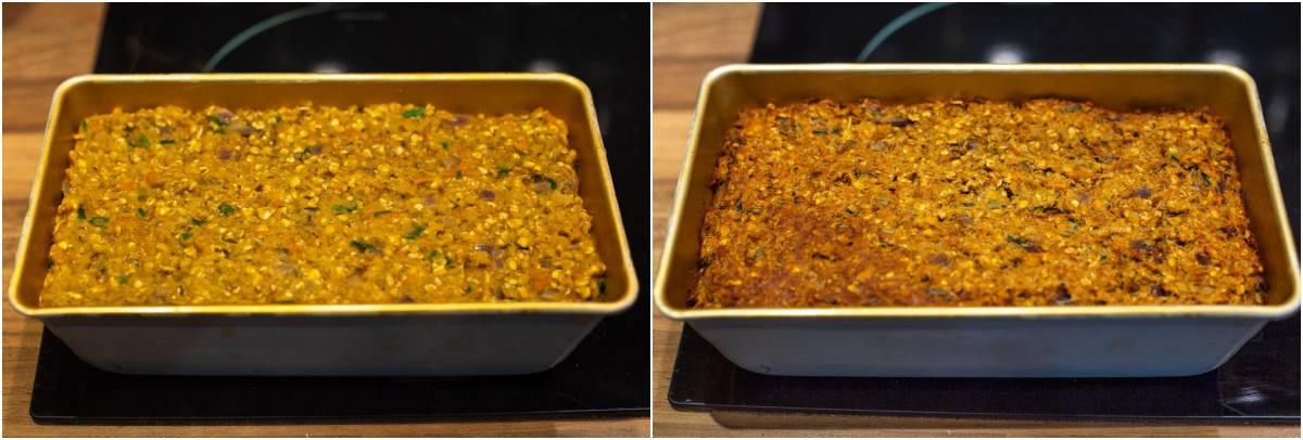 Collage showing vegan lentil loaf before and after baking.