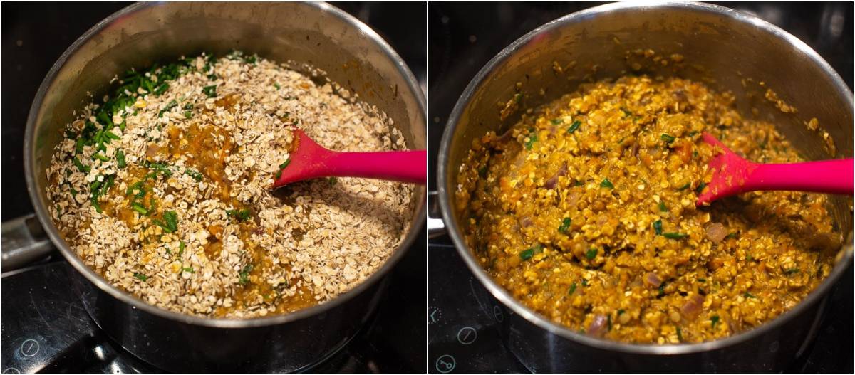 Collage showing oats being added to red lentils.