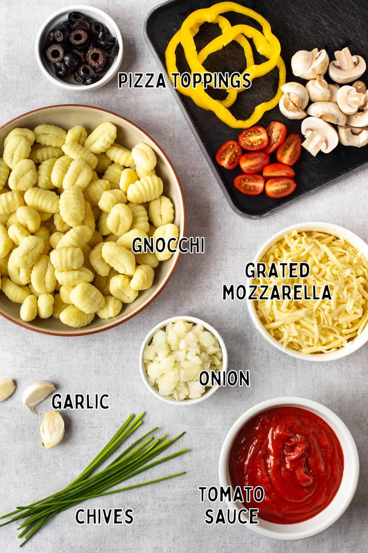 Ingredients for pizza baked gnocchi with text overlay.