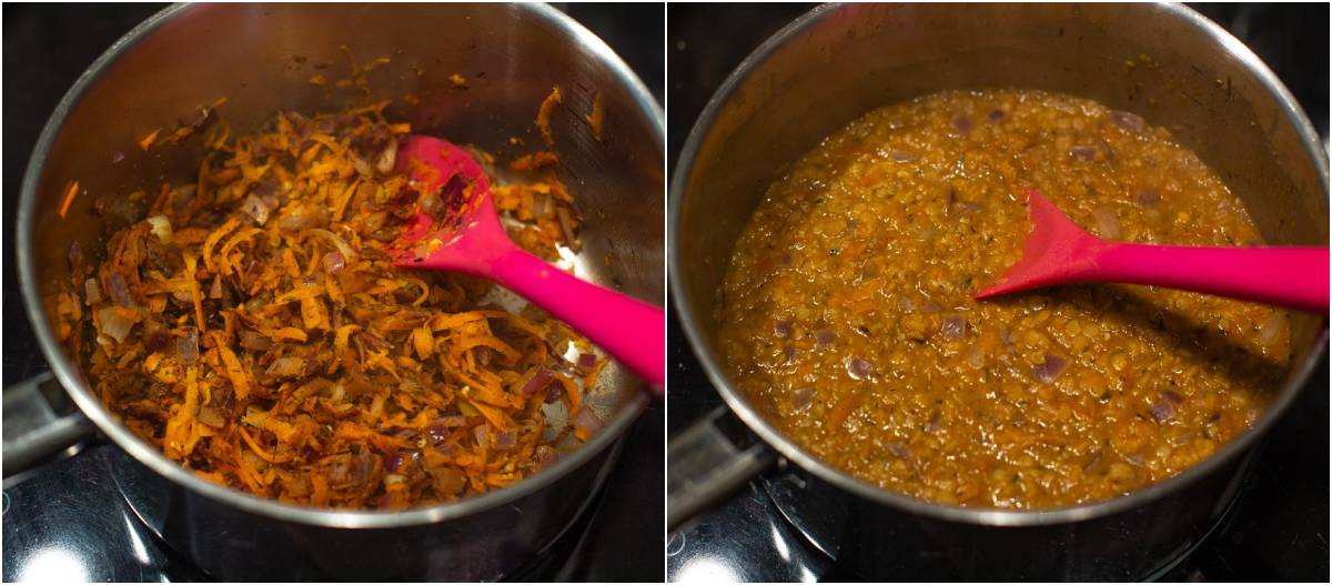 Collage showing carrots and red lentils cooking in a saucepan.