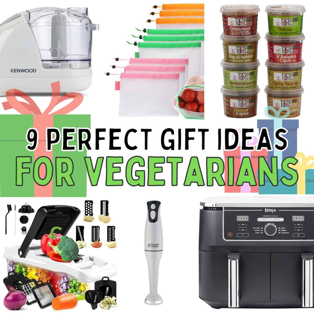 Collage showing perfect gift ideas for vegetarians with text overlay.