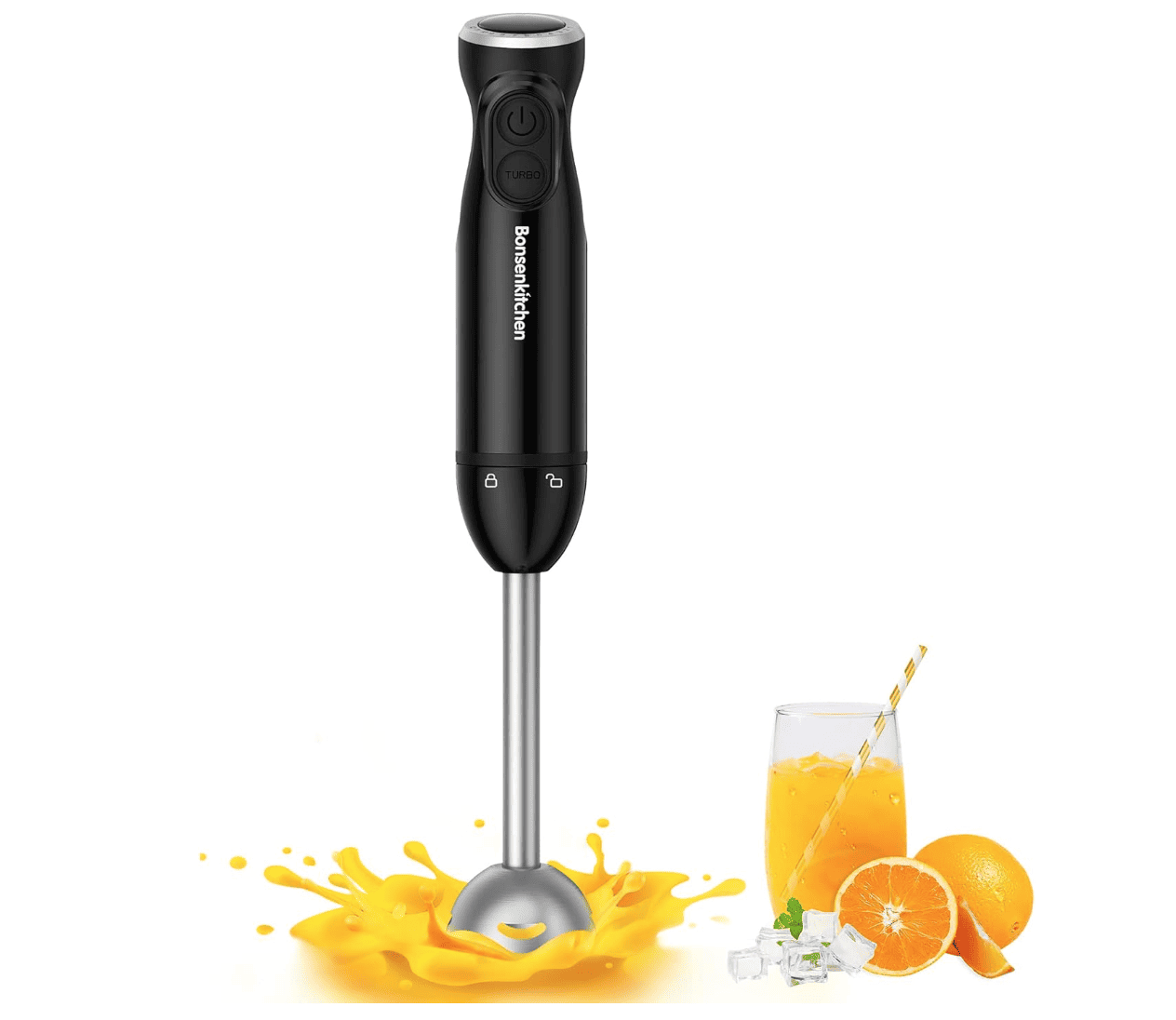 A hand blender on a white background.