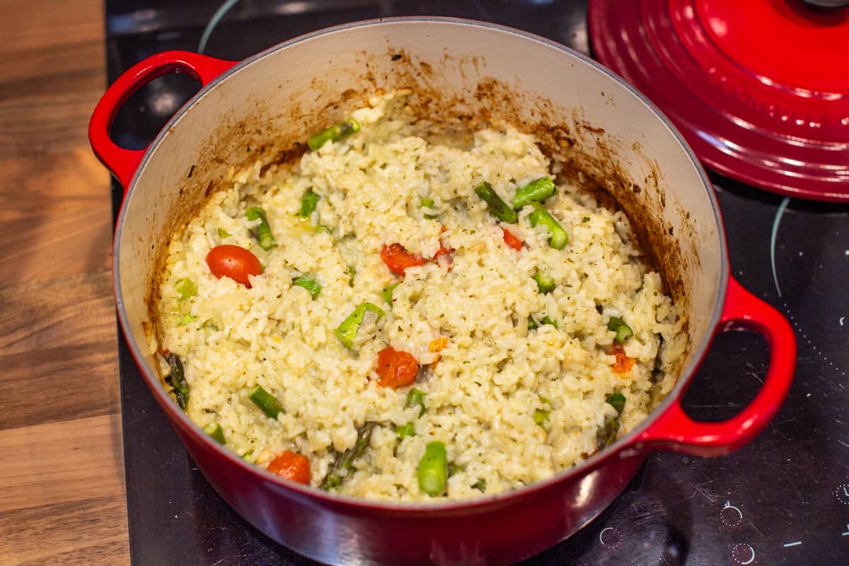Oven-baked asparagus and tomato risotto.