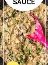 White wine pasta sauce with text overlay.