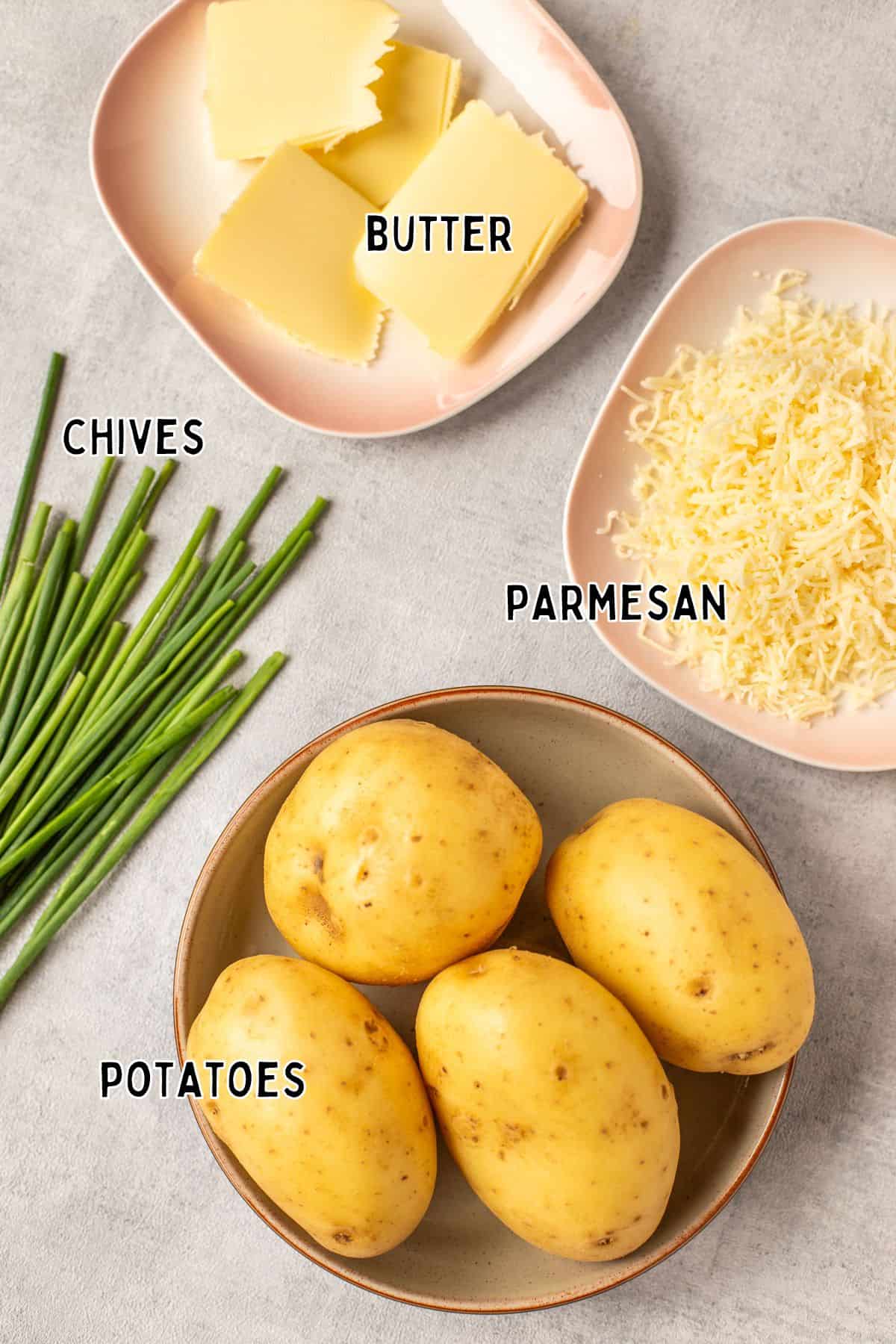 Ingredients for Easy Cheesy Potatoes Anna laid out with text overlay.