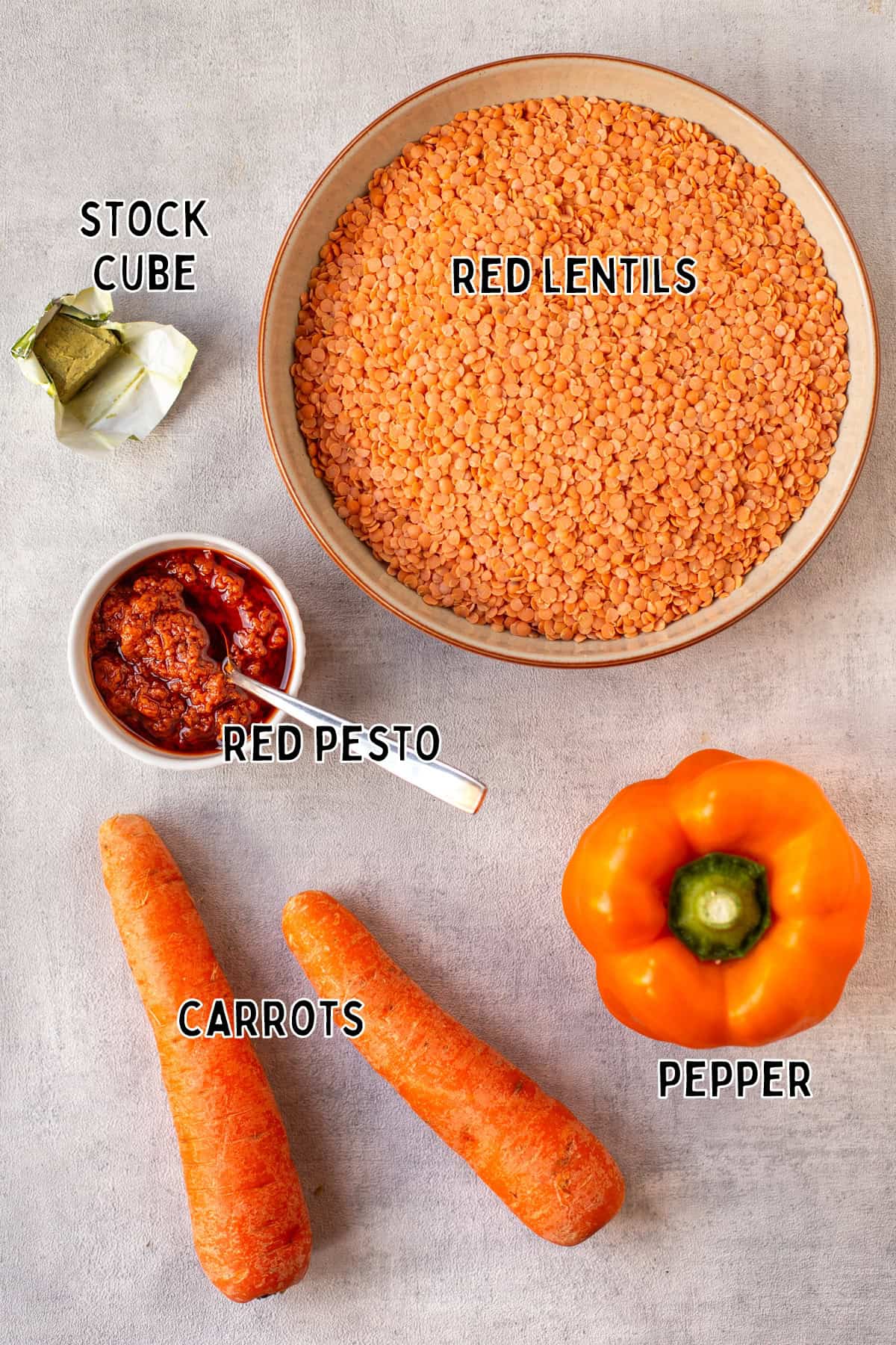 Ingredients for easy red lentil soup with text overlay.