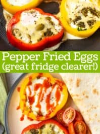 Collage of pepper fried eggs with text overlay.