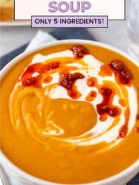 Red lentil soup with text overlay.