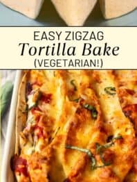 Collage of zigzag tortilla bake with text overlay.
