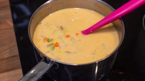 Vegetables and coconut milk in a saucepan.