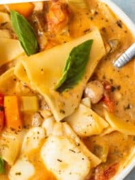 Vegetarian lasagne soup pin with text overlay.