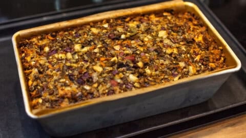 A crispy nut roast in a loaf tin.