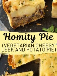 Collage showing homity pie (leek and potato pie) with text overlay.