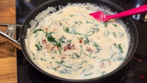Creamy tofu sauce in a frying pan.