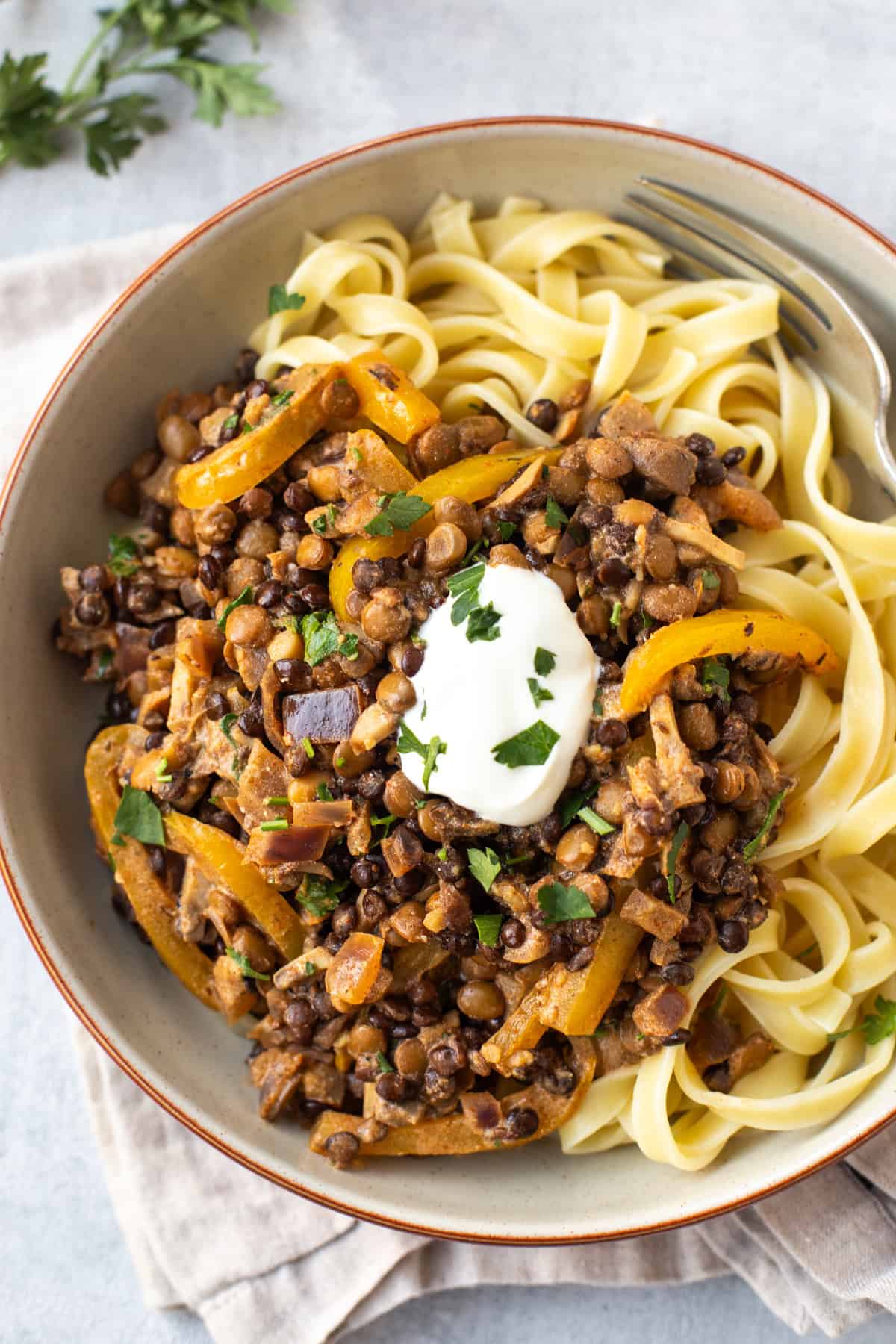 Overhead shot of easy vegetarian lentil stroganoff with tagliatelle.