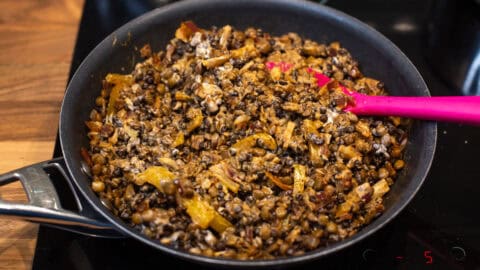 Creamy lentil stroganoff in a frying pan.