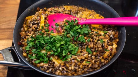 Lentil stroganoff in a pan topped with fresh parsley.