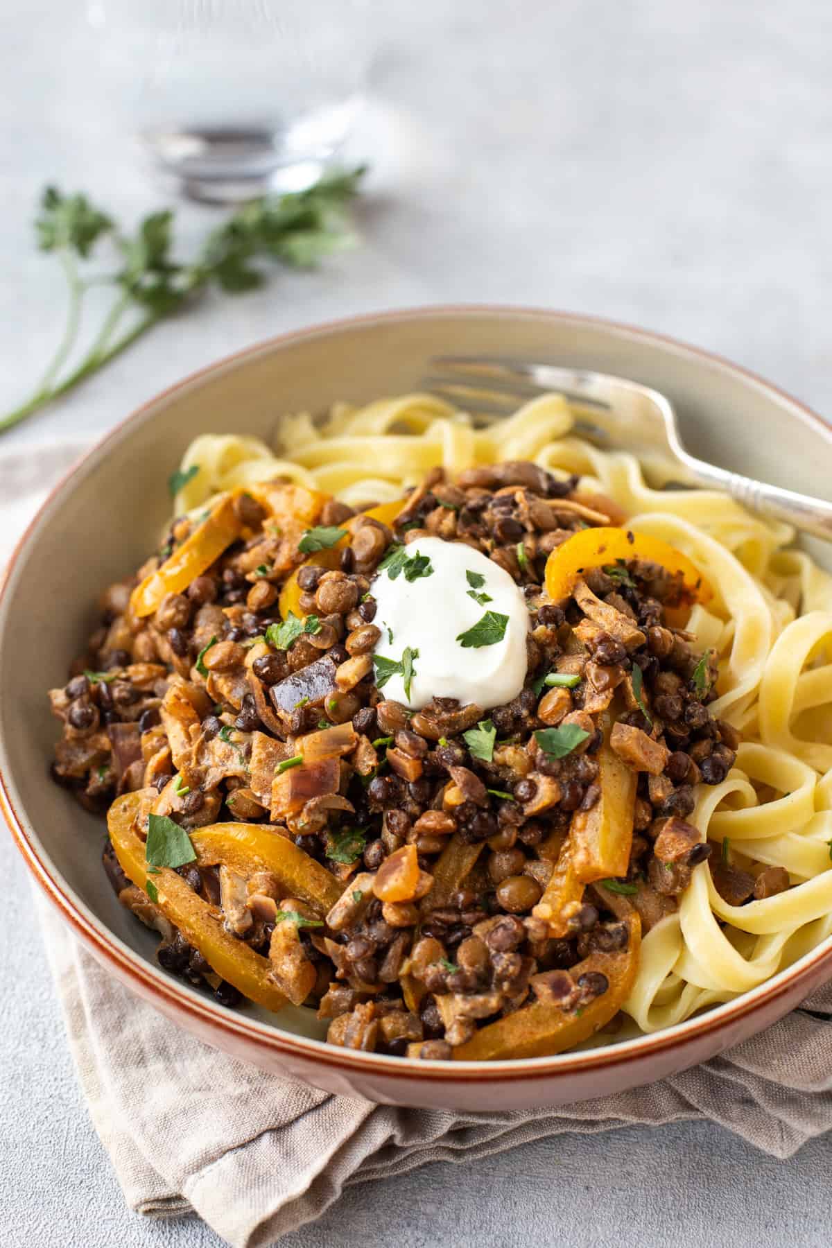 A portion of lentil stroganoff served with tagliatelle and topped with parsley.