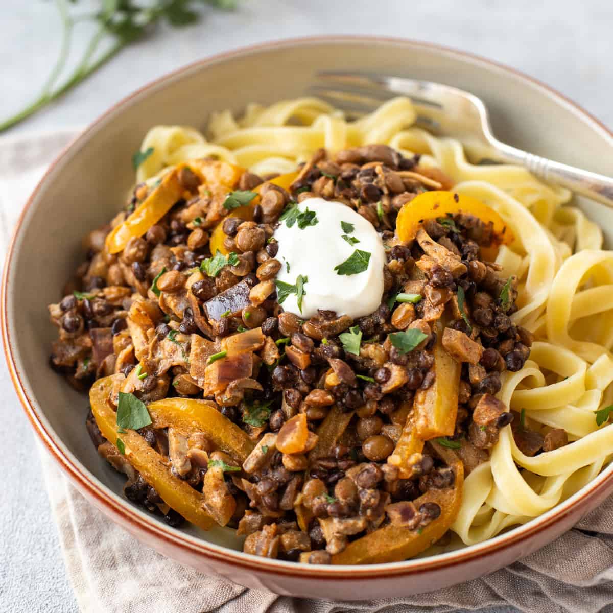 Easy lentil stroganoff in a bowl with tagliatelle.