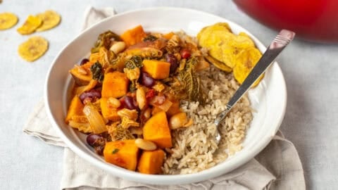 A bowl of Caribbean style sweet potato stew and rice.