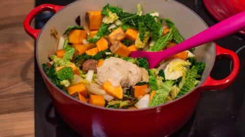 Sautéed cabbage and sweet potato with garlic and ginger paste added.