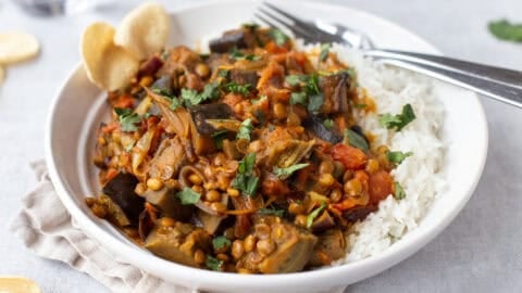 Creamy eggplant curry and rice in a bowl.