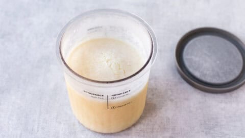 Frozen cottage cheese mixture in a Ninja Creami tub.