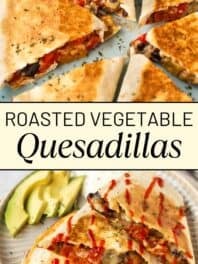 Collage of roasted vegetable quesadillas with title.