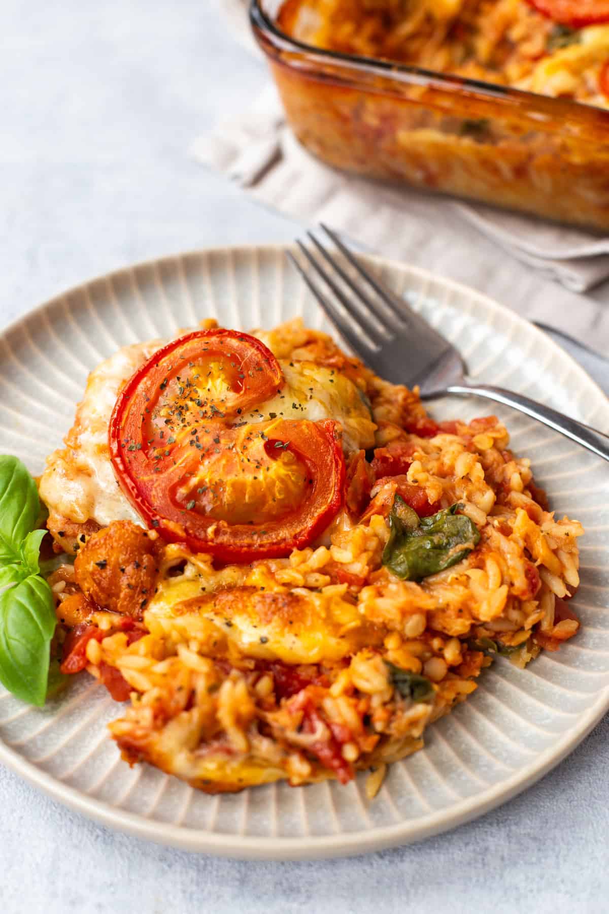 A portion of cheesy tomato baked orzo on a plate.