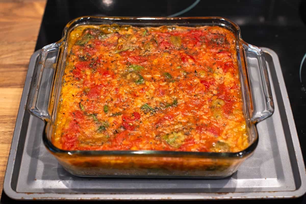 Tomato baked orzo in a baking dish.