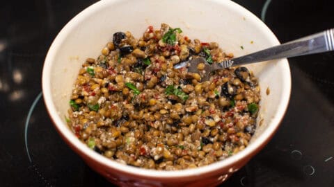 Ingredients for Mediterranean lentil meatballs mixed up in a mixing bowl.