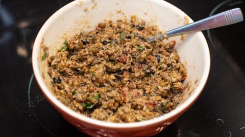 Mediterranean lentil meatball mixture in a bowl.