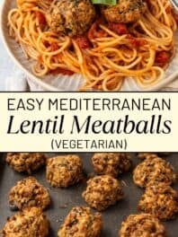 Collage showing vegetarian lentil meatballs with title.